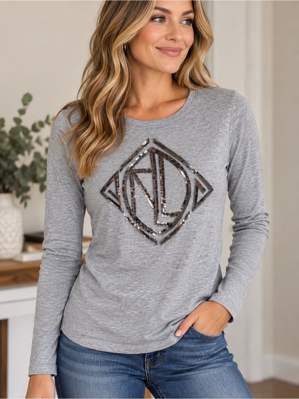 Lauren Ralph Lauren Gray Long-Sleeve Sequin Monogram Tee